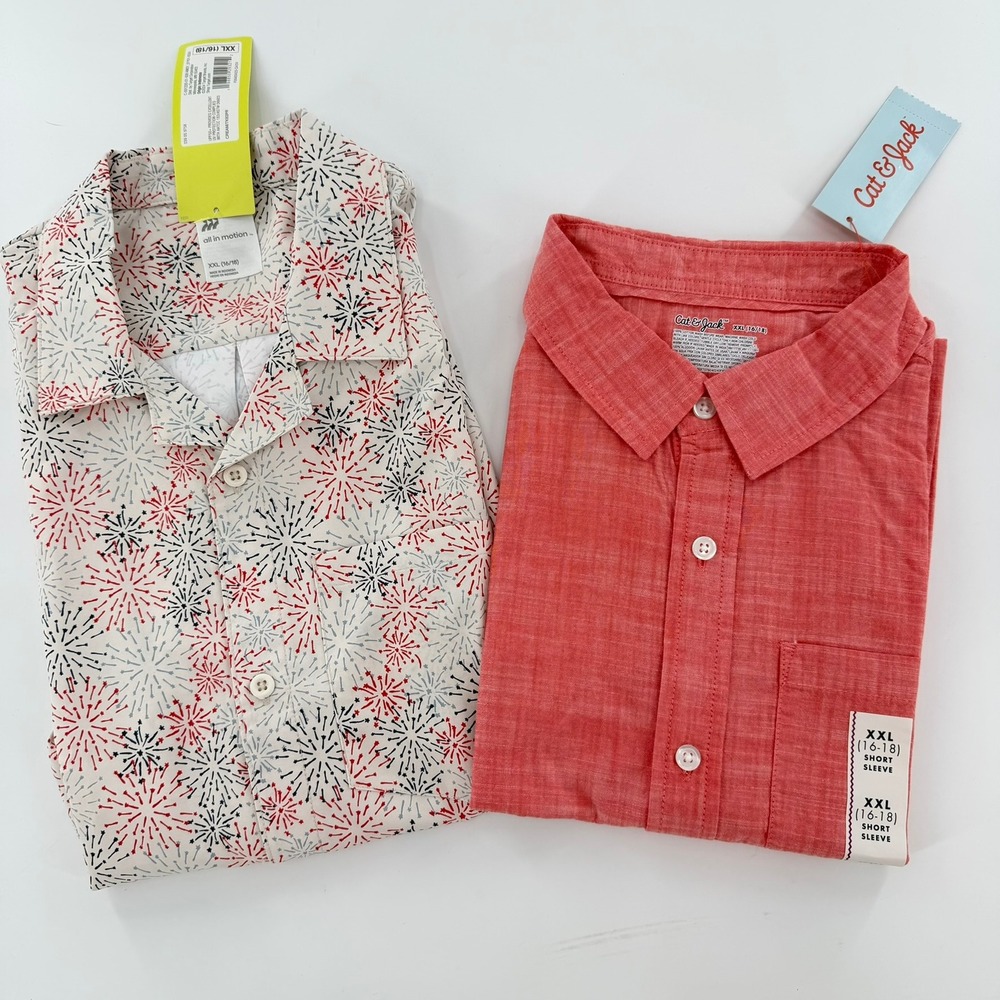 Cat Jack Button Down Shirt Lot All In Motion Firework Boys Size XXL 16/18 Red